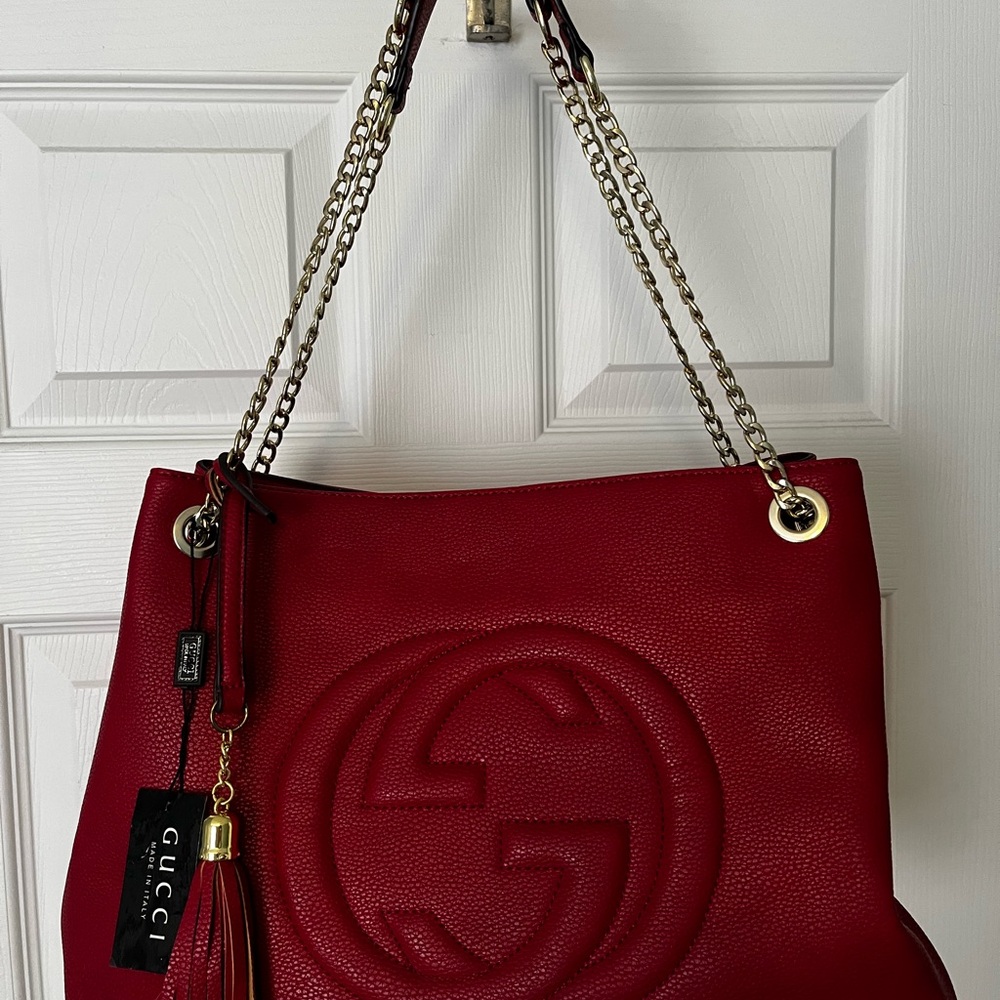 Gucci Crimson Leather Chain Shoulder Bag Tote NWT